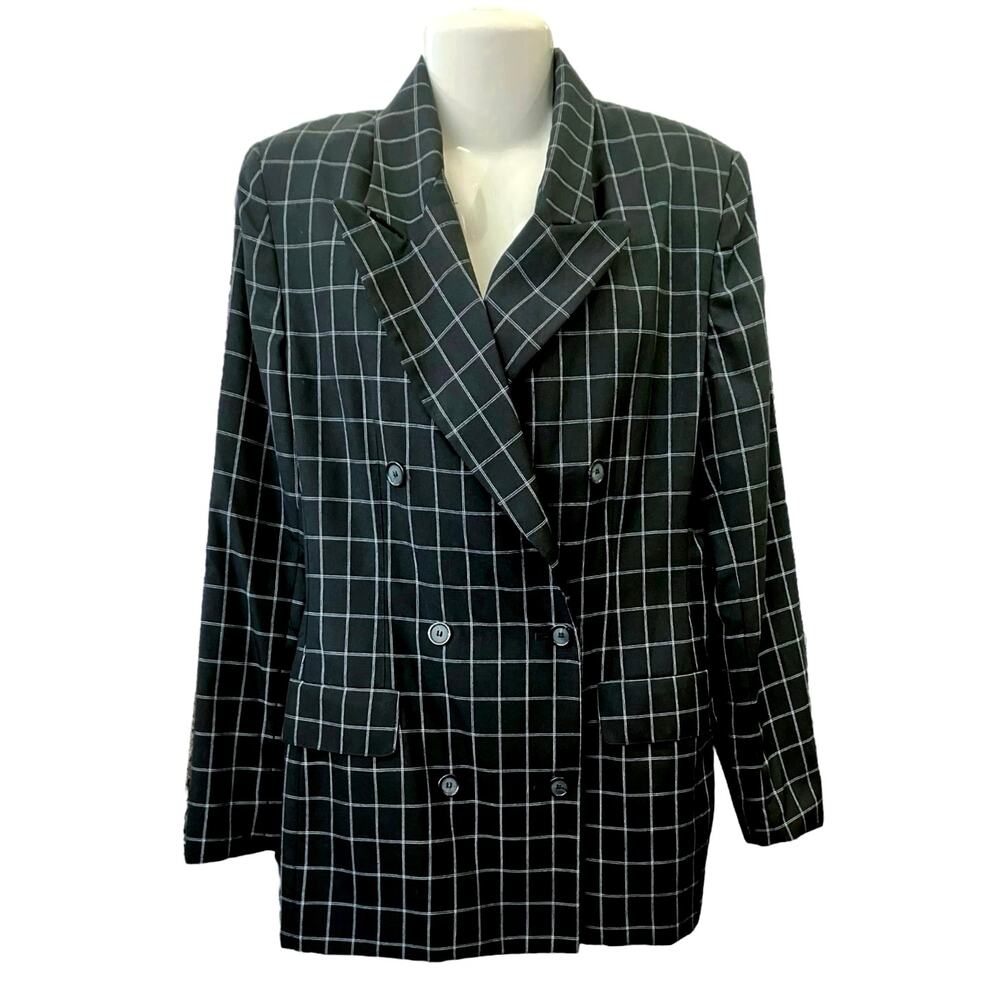 Spiegel Women's Black Plaid Double-Breasted Long Slv Blazer Jacket Lined SZ14T